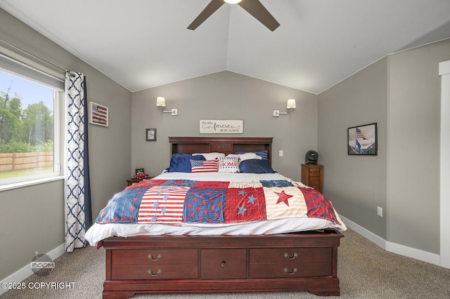 1169 W Trumpeter Swan Dr, Wasilla, AK 99623 - bedroom with carpet, lofted ceiling, baseboards, and a ceiling fan