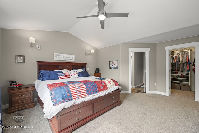 1169 W Trumpeter Swan Dr, Wasilla, AK 99623 - bedroom featuring vaulted ceiling, carpet flooring, a spacious closet, baseboards, and ceiling fan