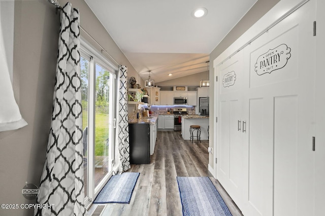 1169 W Trumpeter Swan Dr, Wasilla, AK 99623 - foyer entrance with lofted ceiling, wood finished floors, and recessed lighting