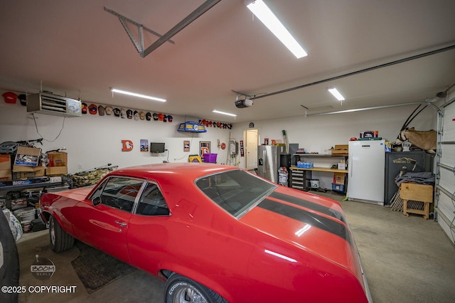 1169 W Trumpeter Swan Dr, Wasilla, AK 99623 - garage featuring refrigerator, stainless steel refrigerator with ice dispenser, a garage door opener, and a heating unit