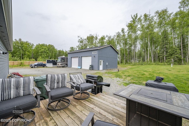 1169 W Trumpeter Swan Dr, Wasilla, AK 99623 - deck featuring an outdoor structure, a lawn, and a garage