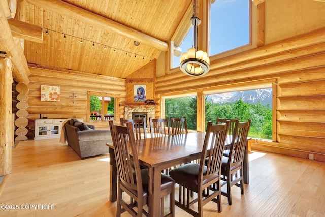 3108 Misty Mountain Rd, Eagle River, AK 99577 - dining room with a wooden ceiling with exposed beams, high vaulted ceiling, light wood finished floors, rustic walls, and a fireplace
