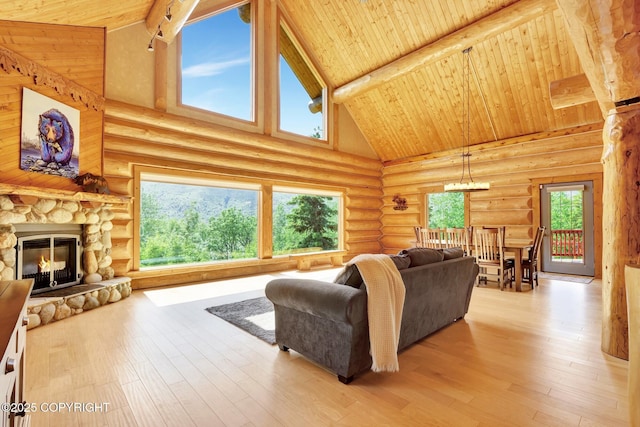 3108 Misty Mountain Rd, Eagle River, AK 99577 - living area featuring high vaulted ceiling, a wooden ceiling with exposed beams, log walls, a fireplace, and light wood-type flooring