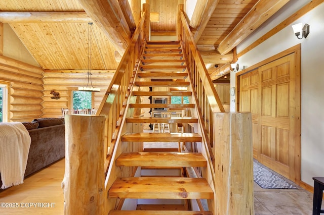 3108 Misty Mountain Rd, Eagle River, AK 99577 - stairway with wooden ceiling and log walls