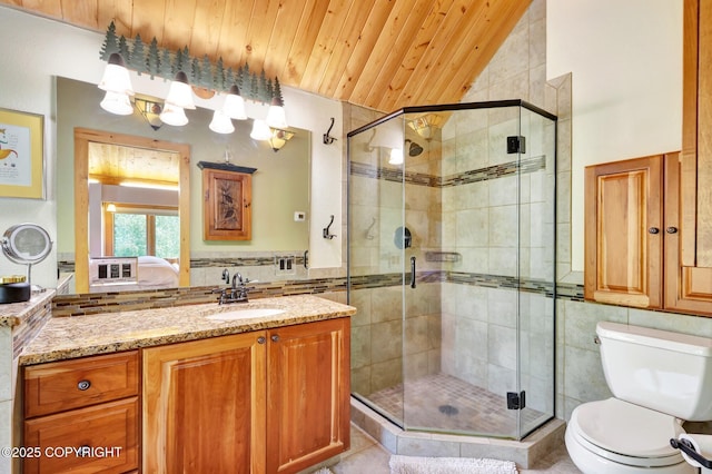 3108 Misty Mountain Rd, Eagle River, AK 99577 - full bath featuring tile walls, vanity, a stall shower, wood ceiling, and lofted ceiling