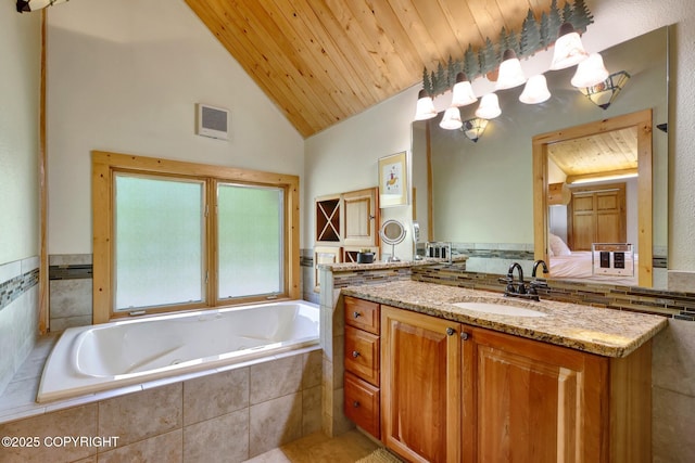 3108 Misty Mountain Rd, Eagle River, AK 99577 - bathroom with a garden tub, vanity, wood ceiling, and high vaulted ceiling