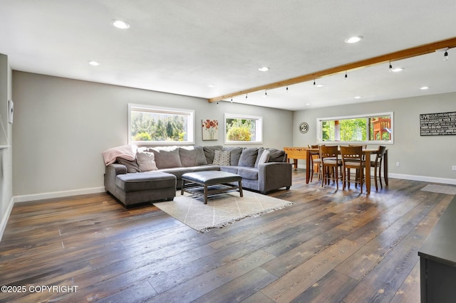 3108 Misty Mountain Rd, Eagle River, AK 99577 - living room with beam ceiling, dark wood finished floors, and recessed lighting