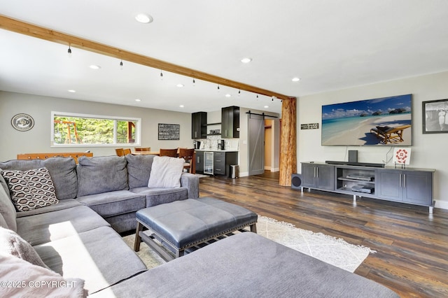 3108 Misty Mountain Rd, Eagle River, AK 99577 - living area featuring a barn door, dark wood-style floors, recessed lighting, wine cooler, and beamed ceiling