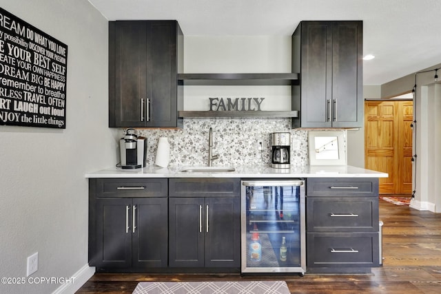3108 Misty Mountain Rd, Eagle River, AK 99577 - kitchen with beverage cooler, open shelves, tasteful backsplash, and dark wood-style floors