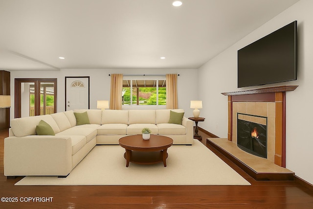 10010 Colville St, Eagle River, AK 99577 - living room with wood finished floors, recessed lighting, and a fireplace