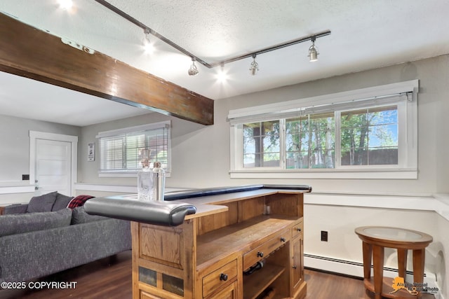 2309 Success Dr, Anchorage, AK 99504 - interior space featuring baseboard heating, track lighting, dark wood finished floors, healthy amount of natural light, and a textured ceiling