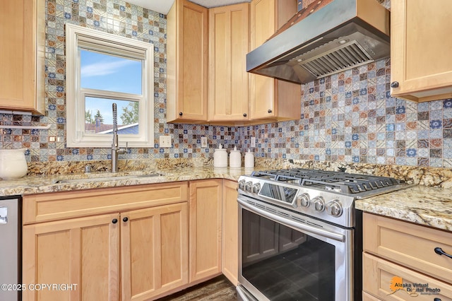 8630 E 17th Ave, Anchorage, AK 99504 - kitchen with stainless steel appliances, exhaust hood, light brown cabinets, and decorative backsplash
