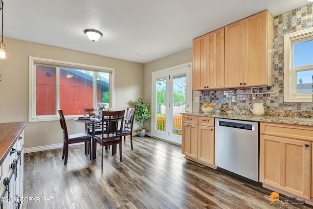 8630 E 17th Ave, Anchorage, AK 99504 - kitchen featuring dishwasher, light brown cabinets, dark wood-style flooring, and backsplash