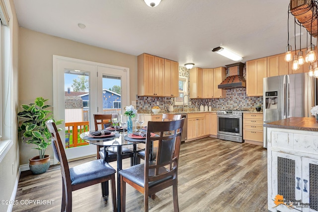 8630 E 17th Ave, Anchorage, AK 99504 - kitchen with stainless steel appliances, custom range hood, backsplash, and light brown cabinets