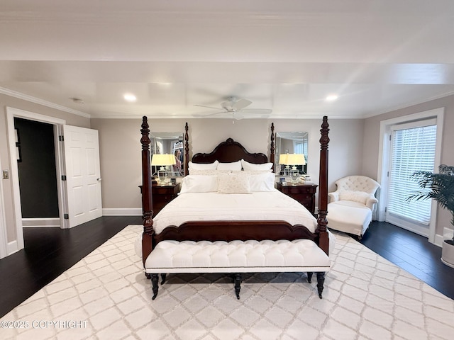 21212 Rock Ptarmigan St, Chugiak, AK 99567 - bedroom with dark wood finished floors, ornamental molding, and recessed lighting