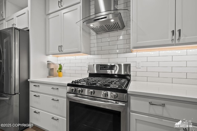 8028 E Yarn Spinner Cir, Palmer, AK 99645 - kitchen with stainless steel appliances, wall chimney exhaust hood, light countertops, and decorative backsplash
