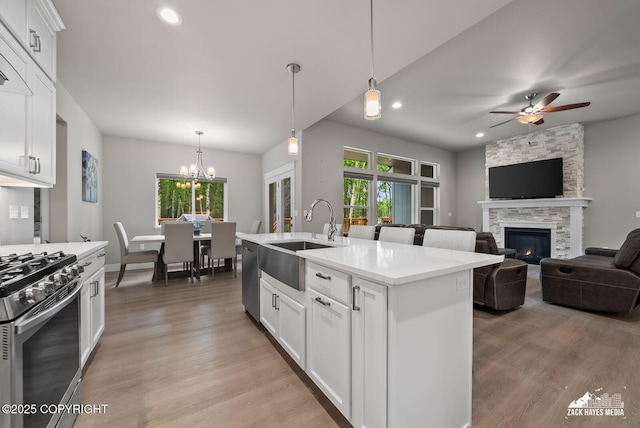 8028 E Yarn Spinner Cir, Palmer, AK 99645 - kitchen with appliances with stainless steel finishes, light wood-style floors, a fireplace, plenty of natural light, and recessed lighting