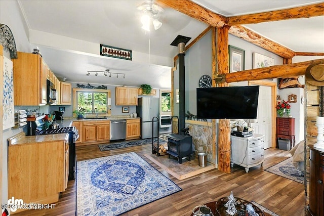 71252 Siri, Anchor Point, AK 99556 - kitchen with appliances with stainless steel finishes, a wood stove, dark wood-style flooring, and ceiling fan