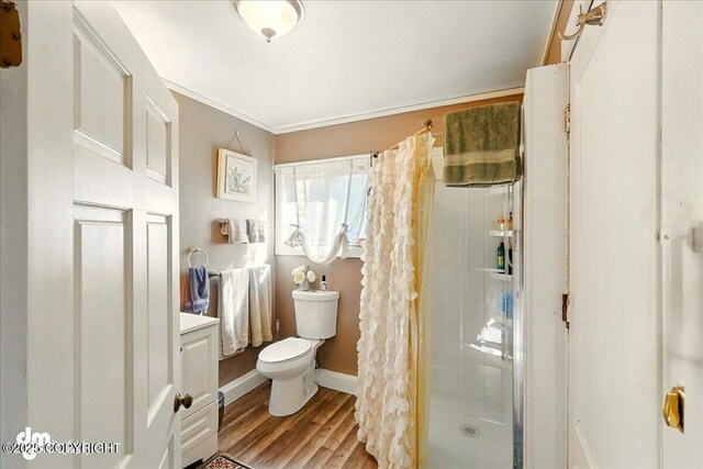 71252 Siri, Anchor Point, AK 99556 - bathroom with a shower stall, wood finished floors, crown molding, and vanity