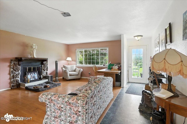 701 N Luke St, Wasilla, AK 99654 - living area featuring a fireplace and wood finished floors