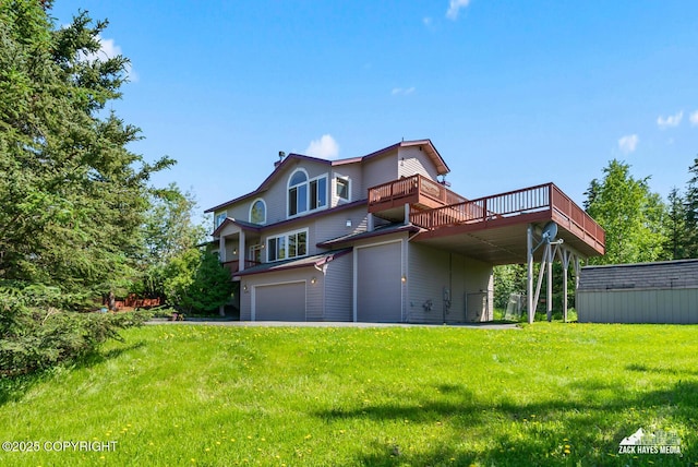 10100 Zermatt Cir, Anchorage, AK 99507 - rear view of house featuring a lawn, a garage, and a wooden deck
