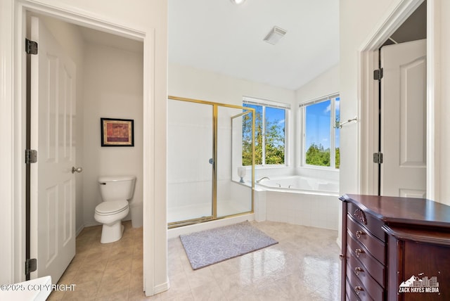 10100 Zermatt Cir, Anchorage, AK 99507 - bathroom featuring a garden tub, a stall shower, vaulted ceiling, and tile patterned flooring