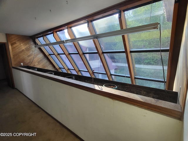 9921 Nearpoint Dr, Anchorage, AK 99507 - hall featuring wood walls, carpet floors, and healthy amount of natural light