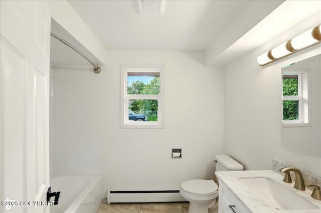 309 Stewart St, Anchorage, AK 99508 - bathroom with baseboard heating, vanity, a bath, a shower, and marble finish flooring