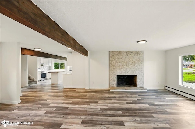 309 Stewart St, Anchorage, AK 99508 - unfurnished living room with light wood-style floors, a large fireplace, stairs, a baseboard heating unit, and beamed ceiling