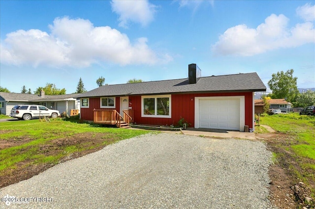 309 Stewart St, Anchorage, AK 99508 - ranch-style house featuring a chimney, driveway, an attached garage, and a shingled roof