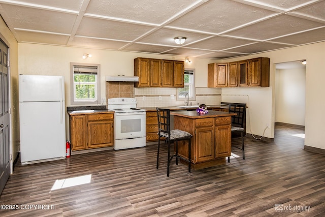 3521 N Caribou St, Wasilla, AK 99654 - kitchen featuring white appliances, healthy amount of natural light, under cabinet range hood, decorative backsplash, and coffered ceiling