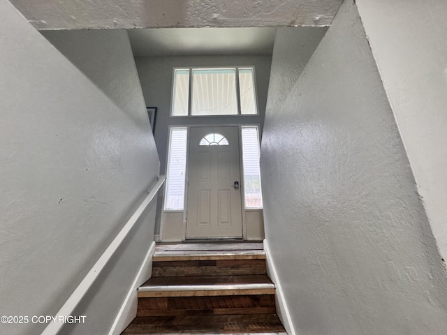 544 N Park St, Anchorage, AK 99508 - stairs with wood finished floors, plenty of natural light, and a textured wall