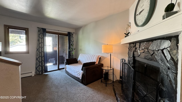 9750 Vanguard Dr # 49, Anchorage, AK 99507 - living room featuring a baseboard radiator, carpet floors, a fireplace, and a textured ceiling