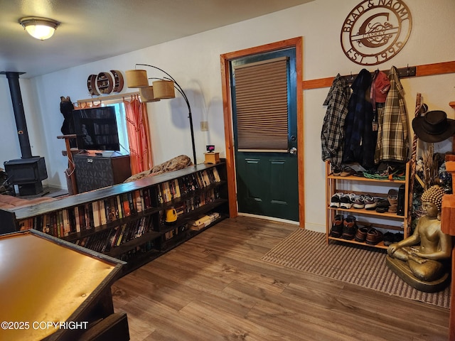 1245 N Miller Cir, Houston, AK 99623 - entrance foyer with wood finished floors and a wood stove