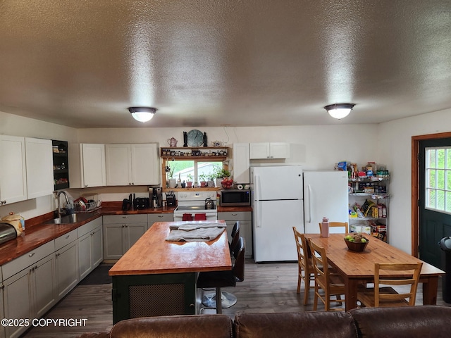 1245 N Miller Cir, Houston, AK 99623 - kitchen with white appliances, wood counters, a textured ceiling, dark wood-style floors, and white cabinets