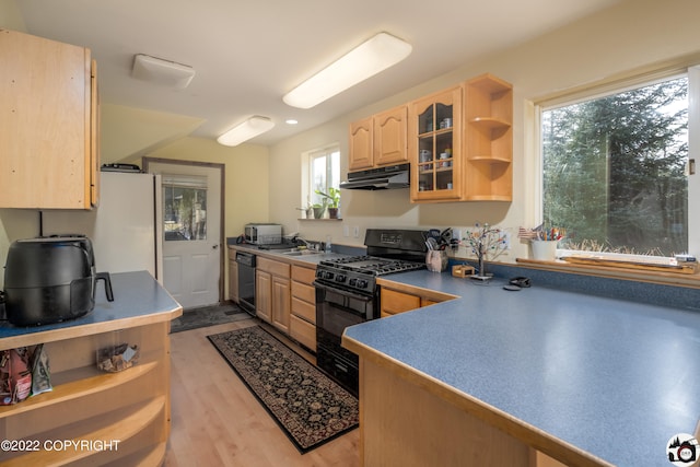 12230 Nautical Ave, Seward, AK 99664 - kitchen featuring black gas range oven, under cabinet range hood, light brown cabinetry, open shelves, and dishwashing machine