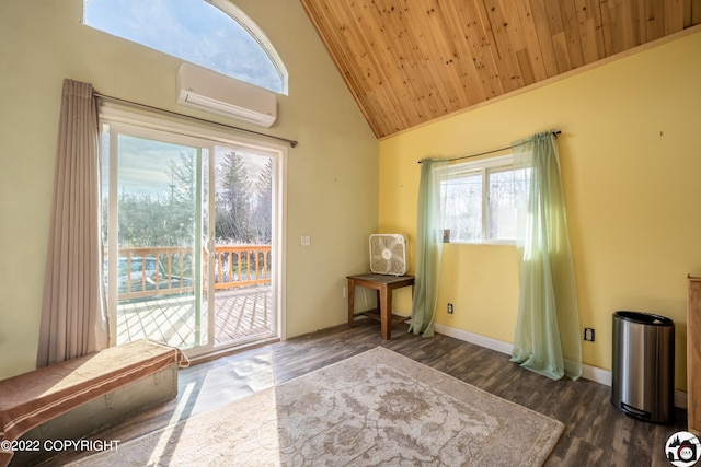 12230 Nautical Ave, Seward, AK 99664 - doorway to outside with a wall mounted AC, wood ceiling, wood finished floors, and high vaulted ceiling