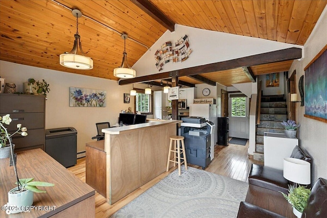 5968 Kenai Spur Highway, Kenai, AK 99611 - kitchen featuring light wood-type flooring, wooden ceiling, pendant lighting, a breakfast bar area, and fridge