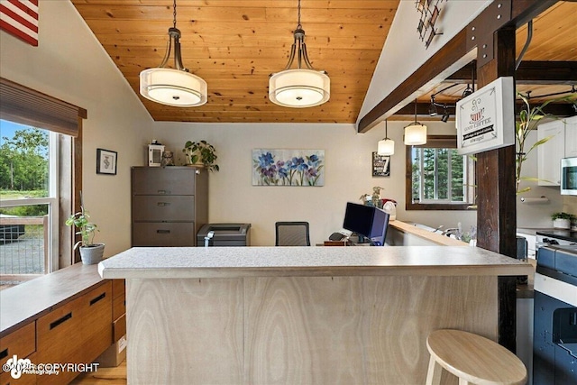 5968 Kenai Spur Highway, Kenai, AK 99611 - kitchen featuring stainless steel microwave, wooden ceiling, light countertops, lofted ceiling, and pendant lighting