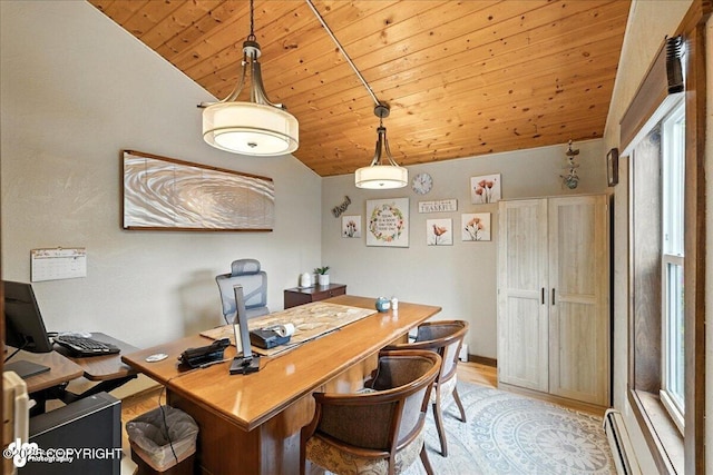 5968 Kenai Spur Highway, Kenai, AK 99611 - office featuring wooden ceiling, baseboard heating, light wood-style flooring, and vaulted ceiling