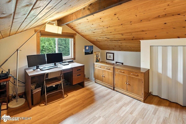5968 Kenai Spur Highway, Kenai, AK 99611 - office area with light wood-type flooring, lofted ceiling, and wooden ceiling