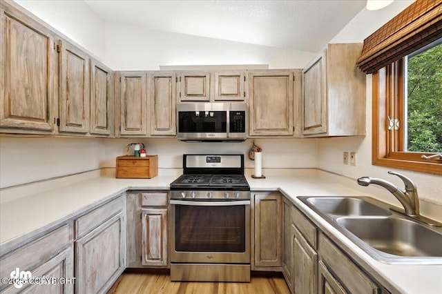 3800 E Birch View Dr, Wasilla, AK 99654 - kitchen with appliances with stainless steel finishes, vaulted ceiling, light countertops, and light wood-type flooring