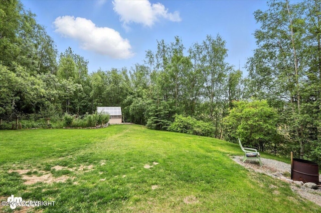 3800 E Birch View Dr, Wasilla, AK 99654 - view of green lawn featuring a greenhouse, an outbuilding, and a view of trees