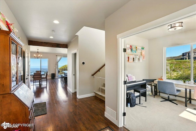 10380 Honey Bear Ln, Anchorage, AK 99516 - hallway with a chandelier, plenty of natural light, an office area, wood finished floors, and recessed lighting