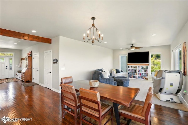 10380 Honey Bear Ln, Anchorage, AK 99516 - dining area featuring a chandelier, wood finished floors, ceiling fan, recessed lighting, and beam ceiling