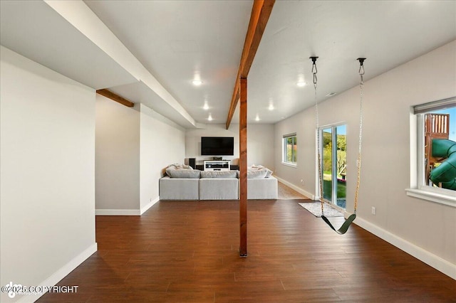 10380 Honey Bear Ln, Anchorage, AK 99516 - living room featuring beamed ceiling, dark wood-type flooring, and recessed lighting