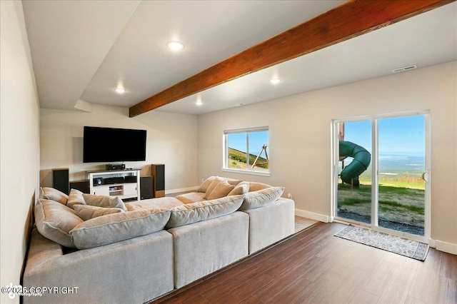 10380 Honey Bear Ln, Anchorage, AK 99516 - living area featuring beam ceiling, wood finished floors, and recessed lighting