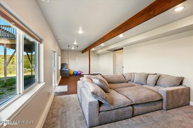 10380 Honey Bear Ln, Anchorage, AK 99516 - carpeted living room featuring recessed lighting and beamed ceiling