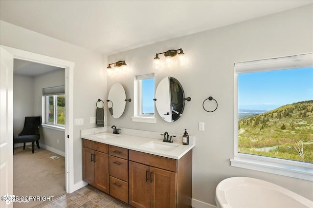 10380 Honey Bear Ln, Anchorage, AK 99516 - full bathroom with double vanity, a freestanding tub, and plenty of natural light