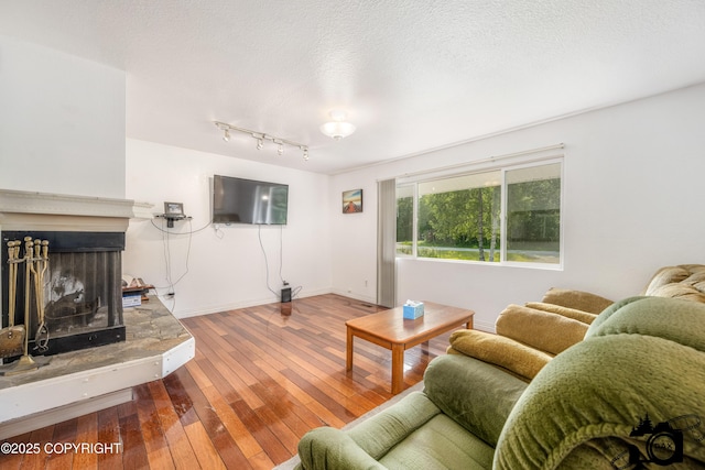 1160 E Susitna Dr, Wasilla, AK 99654 - living area featuring wood-type flooring, a fireplace with raised hearth, and a textured ceiling